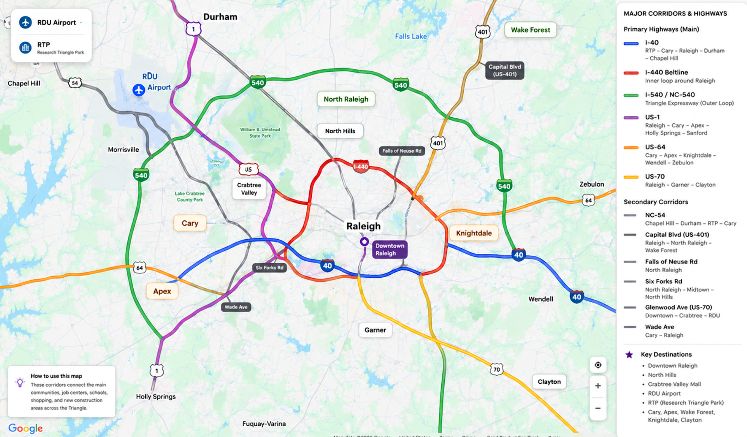 Raleigh major commute corridors — I-40, I-540, US-1, US-64, US-70, and I-440 beltline