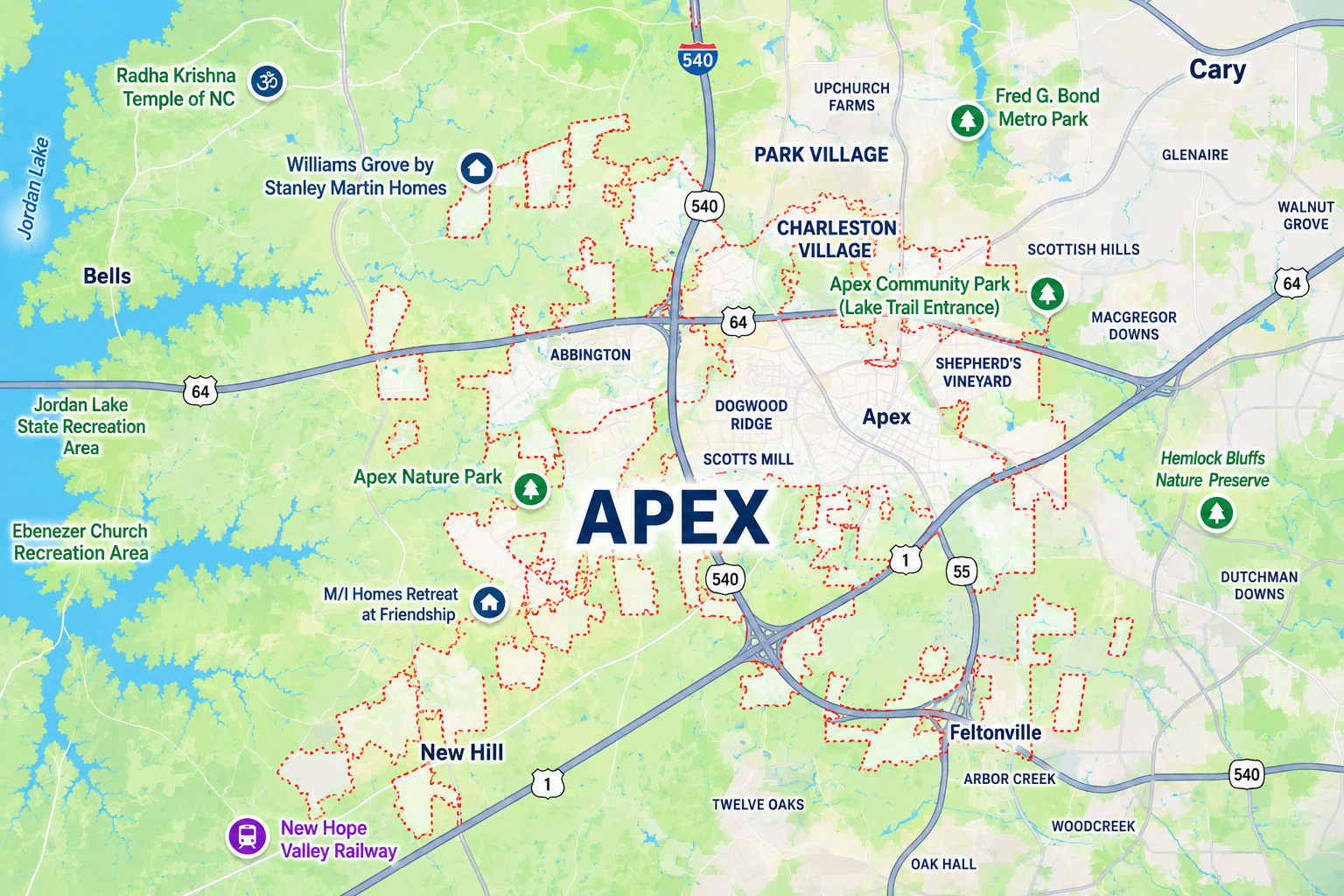 Map of Apex NC neighborhoods and growth corridors