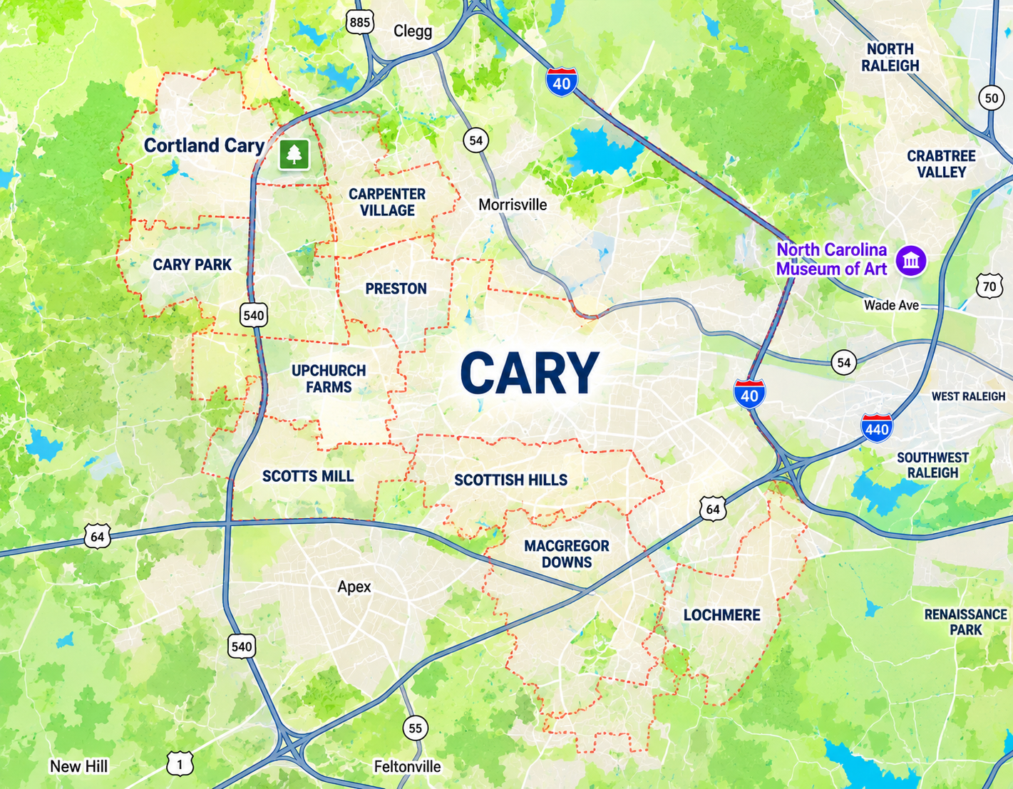 Map of Cary NC neighborhoods and commercial centers