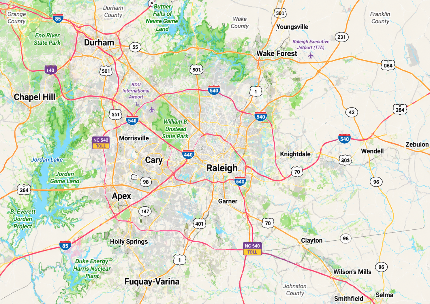 Map of Raleigh and Triangle NC areas for Florida relocants